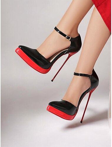  Zwarte en rode lakleren platform stiletto hakken – sexy Mary Jane pumps voor feesten en evenementen