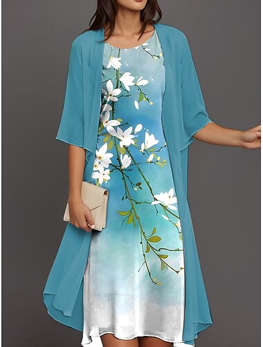  Damen Kleiderset Midi Kleid Sommerkleid Party Cocktail Floral Print Halber Ärmel Rundhalsausschnitt Hochzeitsgast Alltag Himmelblau Fuchsia Grün Sommer Frühjahr Lockere Passform