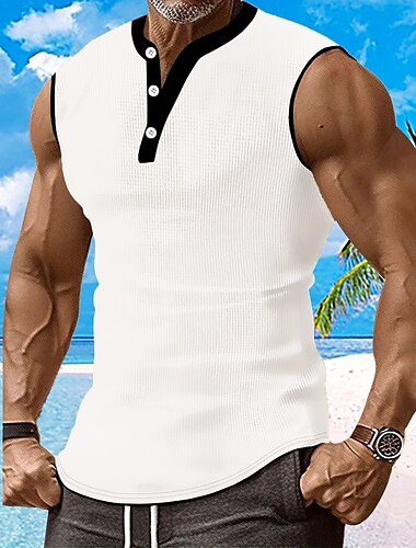  Herren Waffel-Tanktop Henley Hemd Weste Ärmelloses Shirt Ärmellos Henley Sommer Einfach Mode Designer Muskel Knöpfe Outdoor Fitnessstudio Schwarz Weiß Dunkelrot Top T-Shirt für Herren