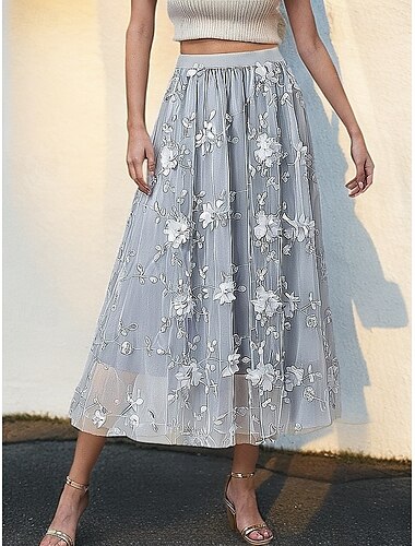  Damen Asiatische Größe Schwingend Gazeröcke Mode Niedlich Midi Hohe Taille Röcke Einfarbig Plissiert Bestickt Blume Mikroelastisch Täglich Date Aprikose Schwarz Rosa Blau Frühling, Herbst, Winter