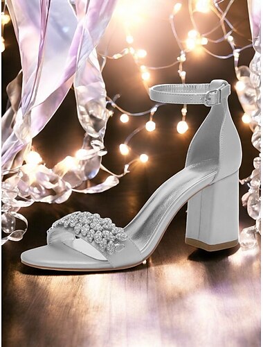  Sandales à talons compensés en satin argenté pour femmes avec ornements en strass - chaussures de mariage et de soirée élégantes