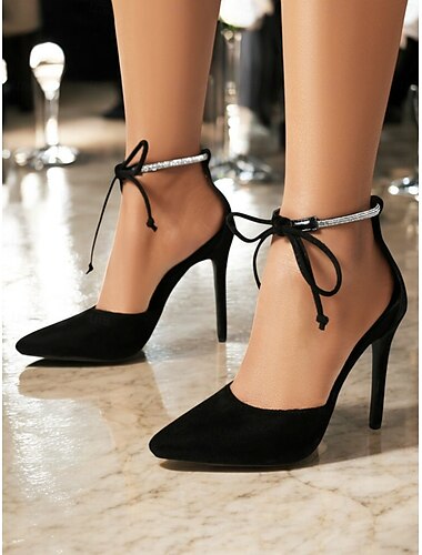  Escarpins à talons aiguilles en daim noir pour femme, bout pointu, bride cheville en strass – chaussures élégantes pour soirées et rendez-vous galants