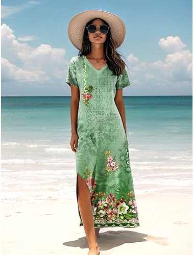  Damen Maxi Kleid Sommerkleid A-Linie Kleid Urlaub Lässig Urlaub Täglich Reguläre Passform Floral Grafik Kurzarm V-Ausschnitt Grün Frühling Herbst