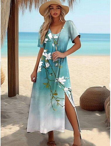  Maxikleid für Frauen T-Shirt Kleid Tee Kleid Sommerkleid Shift Kleid Elegant Bohemian Tropisch Urlaub Party Ferien Reguläre Passform Grafik Vintage Bohemian Kurzarm Rundhalsausschnitt