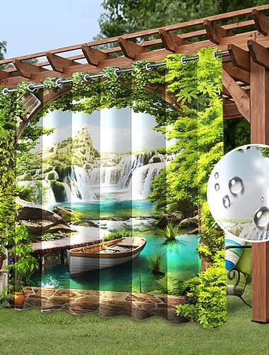  Cortina impermeable para exteriores, cortinas correderas para patio, cortinas de pérgola con ojales, barco de cascada 3D para cenador, balcón, porche, fiesta, 1 panel