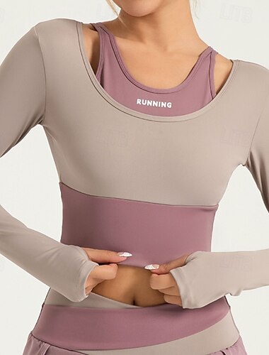  Damen Yoga Top Rundhalsausschnitt Schnelltrocknend Leicht Atmungsaktiv Patchwork Langarm Sport Farbblock T-Shirt Oberteil Für Laufen Fitness Yoga Schlank Sportkleidung