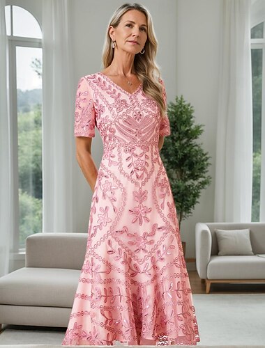  A-Linie Kleid Brautmutterkleid Elegant Vintage Feier V-Ausschnitt Tee-Länge Schnürspitze Kurzarm mit Spitze Pailletten Midi-Kleid 2025