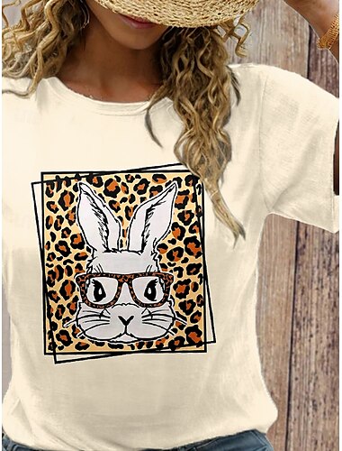  Easter Women's T Shirt Graphic Leopard Casual Short Sleeve Round Neck Regular Tops Daily Going out Weekend Print off-white Summer