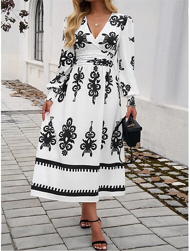  Damen Midikleid A Linie Kleid Figurbetontes Kleid Brautkleider schlicht Urlaub Casual Täglich Regular Fit Graphic Langarm V Ausschnitt Schwarz Weiß Blau Armeegrün Sommer Frühling Herbst