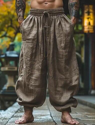  Herr Linne Byxor Långbyxor Sommarbyxor Säckiga byxor Snörning Elastisk midja Brett skaft Slät Komfort Andningsfunktion Fullängd Utomhus Yoga Gym Mode Retro / vintage ljust kaffe Microelastisk