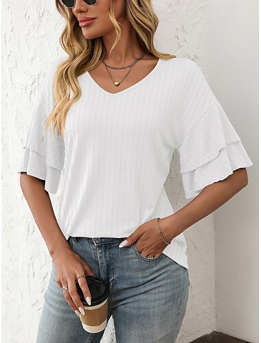  Femmes T-shirt Uni Mode Moderne Manche Courte Col en V Hauts Réguliers Quotidien A Volants Noir Blanche Vin Bleu Ciel Fuchsia Été