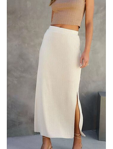  Damskie Spódnica Bodycon Codzienny Midi Średni stan Spódnice Równina Rozdwojonych końcówek Średnio elastyczny Ulica Wyjściowe Czarny Biały Żółtobrązowy Lato Poliester