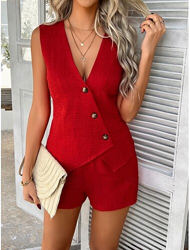  Frauen 2 Teile Mode Streetwear Täglich Tank Top Weste Ärmellos V-Ausschnitt Unifarben Leger Täglich Schwarz Rot Grün Frühling Regelmäßiger Schnitt