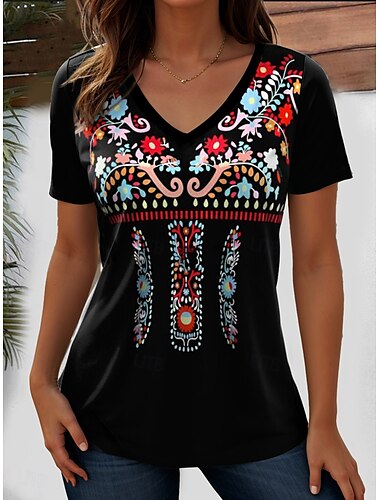  Dames T-shirt Grafisch Paisley Bohemen Stijlvol Casual Korte mouw V-hals Normale tops Dagelijks Weekend Strand Kleding Afdrukken Wit / Zwart Zwart Rood Licht Bruin Paars Zomer