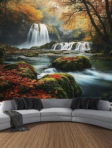  美しい湖の滝の植物の風景、吊り下げタペストリー、壁アート、大きなタペストリー、壁画、装飾写真の背景、ブランケット、カーテン、家の寝室、リビングルームの装飾
