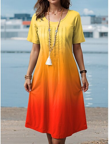  Dames Halflange jurk Hemdjurk Zomerjurk Vakantie Casual Vakantie Dagelijks Ruim Passend Ombre Grafisch Korte mouw Strakke ronde hals Oranje Zomer
