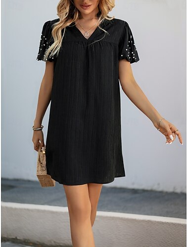  Damen Minikleid A Linie Kleid Lässig Outdoor Täglich Ferien Normale Passform Einfach Kurzarm V Ausschnitt Schwarz Sommer