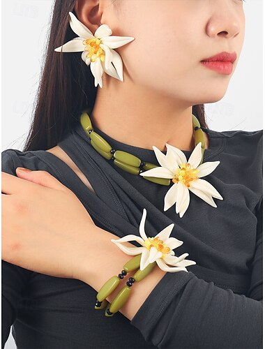  blomstersmykkesett for kvinner – håndlaget statement-kjede, øredobber og armbånd med hvit blomsterdesign, elegant boho chic-tilbehør til bryllup, fester og spesielle anledninger