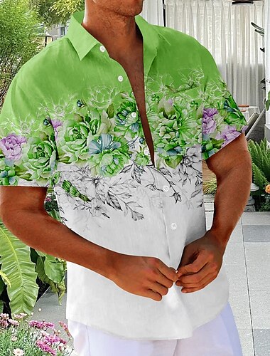  Herren Blumendruck Blumen Hemd Sommer Hawaiihemd Knopfhemd Kurzarm Hawaiianisch Urlaub Ferien Strandbekleidung Sommer Umlegekragen 3D-Druck Eine Tasche vorne Leinenähnliches Hemd Rosa Blau Grün