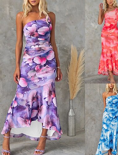  Női Midi ruha Koktélruha Hüvelyruha Sifon ruhák Nyomtatott ruha Divat Vakáció Szabadság Zsúr Normál Virág Ujjatlan Félvállas Rubin Bíbor Világoskék Nyár