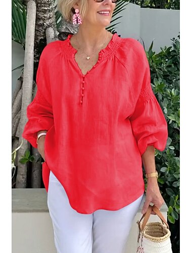  Damen Übergröße Bluse Einfarbig Elegant Lässig Langarm V Ausschnitt Normale Oberteile Ausgehen Urlaubskleidung Knöpfe Schwarz Weiß Gelb Hellgrün Rosa Frühling