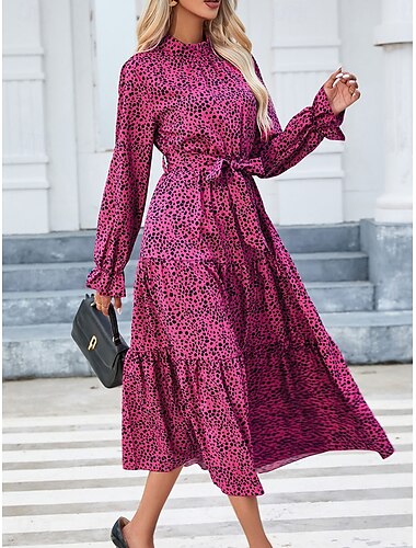  Damen Midi Kleid A-Linien Kleid Fit und Flare Kleid Stylisch Lässig Ausgestellte Ärmel Urlaub Lässig Alltag Reguläre Passform Grafisch Langarm Stehkragen Magenta Sommer Frühling Herbst