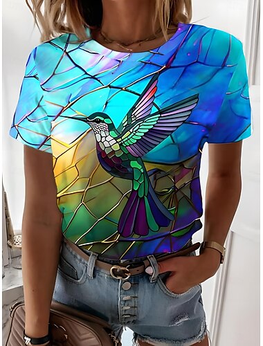  T-shirt Femme Col Rond Imprimé Vitre Colorée Colibri À Manches Courtes Haut Ajusté Artistique Vibrant Décontracté Été Confortable Vêtements Mode