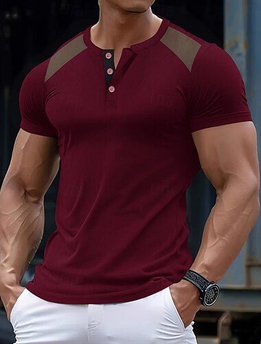  Herren Waffel-Henley-Hemd T-Shirt Kurzarm Einfarbig Vintage Täglich Patchwork Knöpfe Henley Outdoor Lässig Täglich Sommer Frühling & Herbst Schwarz Weiß Burgunderrot Henley T-Shirt