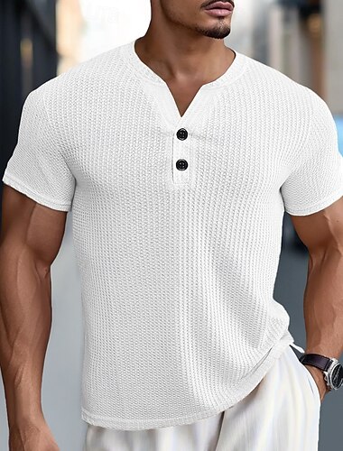  Per uomo Maglia Henley a nido d'ape Maglietta Manica Corta Tinta unica Semplice Maglieria Bottoni Henley All'aperto Casuale Quotidiano Estate Primavera & Autunno Nero Bianco Blu Maglietta Henley
