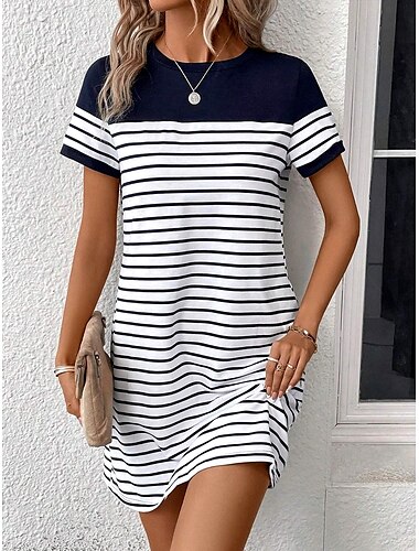  Damen Minikleid T-Shirt-Kleid Shiftkleid Sommerkleid Formell Arbeit Normale Passform Grafik Gestreift Kurzarm Rundhalsausschnitt Marineblau Grau Sommer Frühling