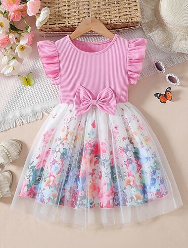  kinderkleidung Mädchen Kleid Blumenkleid Blume Ärmellos Outdoor Casual Rüsche Modisch Täglich Baumwolle Knielang Casual kleid A Linie Kleid Sommer 4 Jahre + Rosa