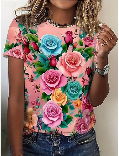  Damen T Shirt Sommeroberteile Rose Grafik Klassisch Lässig Kurzarm Rundhalsausschnitt Crop Tops Täglich Wochenende Druck Regenbogen Sommer Frühling Herbst