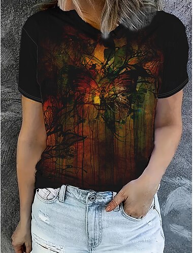  Női Póló Nyári felsők Pillangó Falfirkálás Klasszikus Alkalmi Rövid ujjú Terített nyak Crop Tops Napi Hétvége Nyomtatott Szivárvány Nyár Tavasz Ősz