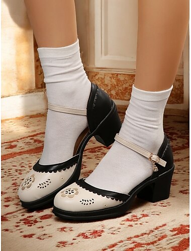  damskie buty na obcasie typu Mary Jane w stylu retro z lat 50. w kolorze brązowo-białym – elegancki design z wycięciami, idealny na co dzień, spotkania przy kawie i nieformalne wyjścia do biura