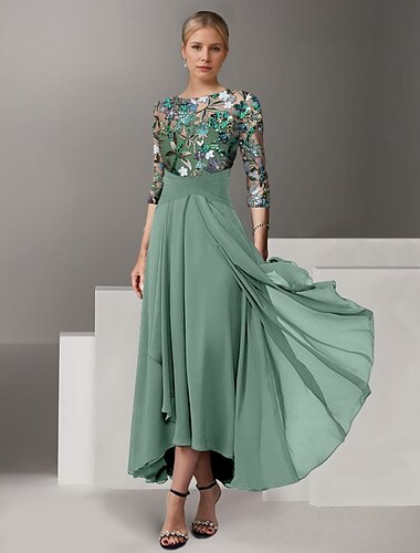  A-Linie Kleid Brautmutterkleid Hochzeitsgast Kirche Elegant Vintage Illusionsausschnitt Knöchellänge Chiffon Halbarm mit Paillette Stickerei 2025