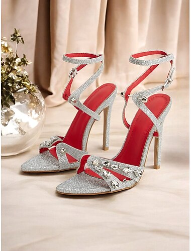  Sandalias de tacón de aguja con purpurina plateada para mujer: tacones altos con tiras de diamantes de imitación en el tobillo para cócteles y noches.