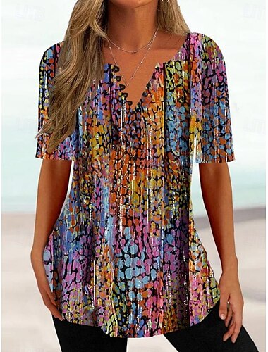  Damen T Shirt Ombre Blumen Basic Kurzarm Rundhals Normale Oberteile Täglich Ausgehen Wochenende Knöpfe Druck Blau Purpur Fuchsie Sommer Frühling