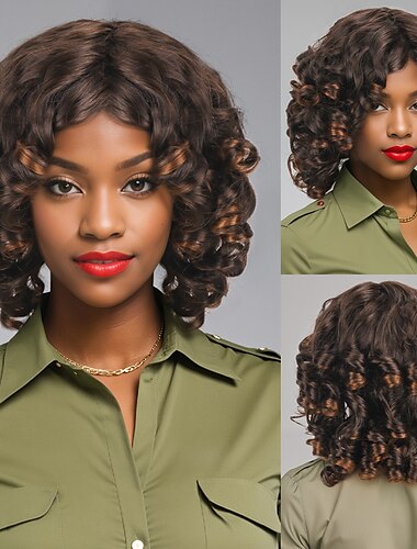  Synthetische Perücken Wellen Curly Webart Stufenhaarschnitt Asymmetrischer Haarschnitt Maschinell gefertigt Perücke 81cm A1 Synthetische Haare Damen Klassisch Komfortabel Farbverläufe Mehrfarbig