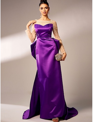  Sirena  Trompeta Vestidos de Fiesta Vestido Elegante Boda Invitada a Boda Barra  Cola Barriendo Manga Larga Cuello Redondo Poliéster con Beading Lentejuelas 2025