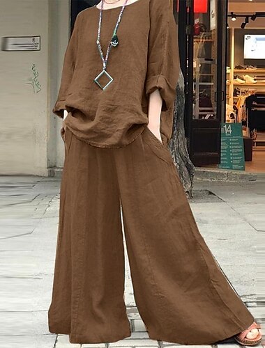  Femmes Streetwear Quotidien Ensembles en coton et lin Ensembles deux pièces Ensembles de Pantalons manche longue Col ras du cou Couleur Unie Tenue quotidienne Décontracté Quotidien Vert Kaki Gris Été