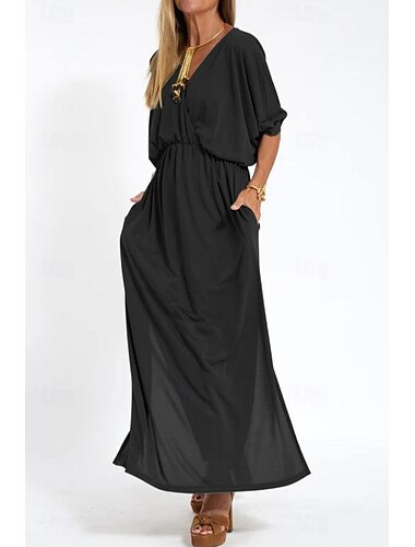  Damen Langes Kleid Maxikleid Freizeitkleid Cocktailkleid Kleid für Hochzeitsgäste Chiffonkleid Mode Urlaub Ausgehen Wochenende Normale Passform Einfach Langarm V Ausschnitt Schwarz Weiß Gelb Rosa
