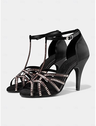  Sapatos de dança latina com tiras em T e strass pretos para mulheres – saltos profissionais para performance em salão de baile