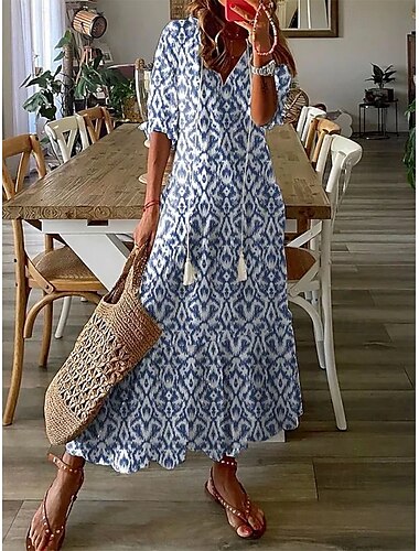  Damen Langes Kleid Maxikleid Boho-Kleid Druckkleid Schößchen Kleider Romantisch Modern Puffärmel Täglich Ferien Strand Lässiger Schnitt Grafik Blume Halbarm V Ausschnitt Rosa Blau Purpur Grün Sommer