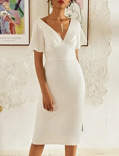  Engagement Kleine Abschlussfeier Weiße Kleider Hochzeitskleider Etui  Säule V-Ausschnitt Kurzarm Tee-Länge Chiffon Brautkleider mit Raffung Unifarbe 2025