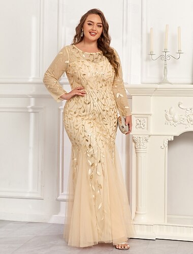  Meerjungfrauenschnitt Abendkleid Glitzern Kleid Formell Bodenlang Langarm Rundhalsausschnitt Champagnerfarbenes Brautmutterkleid Tüll mit Stickerei 2025