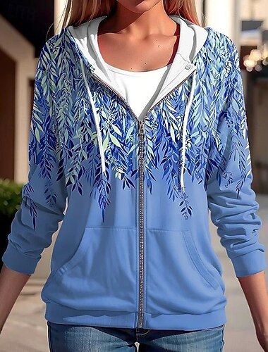  Damen Übergroße Hoodies mit Reißverschluss Blumen Aktiv Vintage Sport Langarm Mit Kapuze Normale Oberteile Lässig Ferien Reißverschluss Kordelzug Fronttasche Blau Fuchsie Grün Frühling Herbst