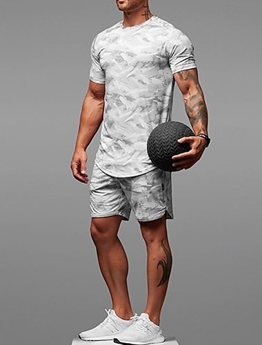  Per uomo Tuta Da Ginnastica Set di abiti Pantaloncini Girocollo Esterno Giornaliero Sport Tasche A cordoncino 2 pezzi Mimetico Bianco Grigio scuro Verde militare Poliestere Abbigliamento sportivo
