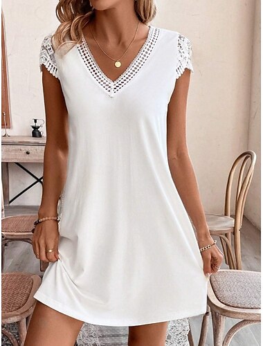  Damen Mini Kleid A-Linien Kleid T-Shirt Kleid Tee Kleid Lässig Outdoor täglich Urlaub reguläre Passform schlicht Kurzarm Rundhalsausschnitt Schwarz Weiß Khaki Sommer