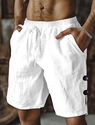  Herren Shorts Leinenshorts Sommershorts Strandshorts Kordelzug Elastischer Bund Seitenknopf Einfach Komfort Atmungsaktiv Knielang Lässig Täglich Ferien Mode Retro Vintage Schwarz Weiß