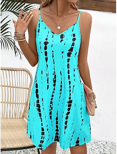  Dámské Mini šaty Áčkové šaty Slip Dress Šaty na rameno prázdniny Na běžné nošení Dovolená Denní Běžný Grafika Geometrický Batikované Bez rukávů Do V Nebeská modř Léto